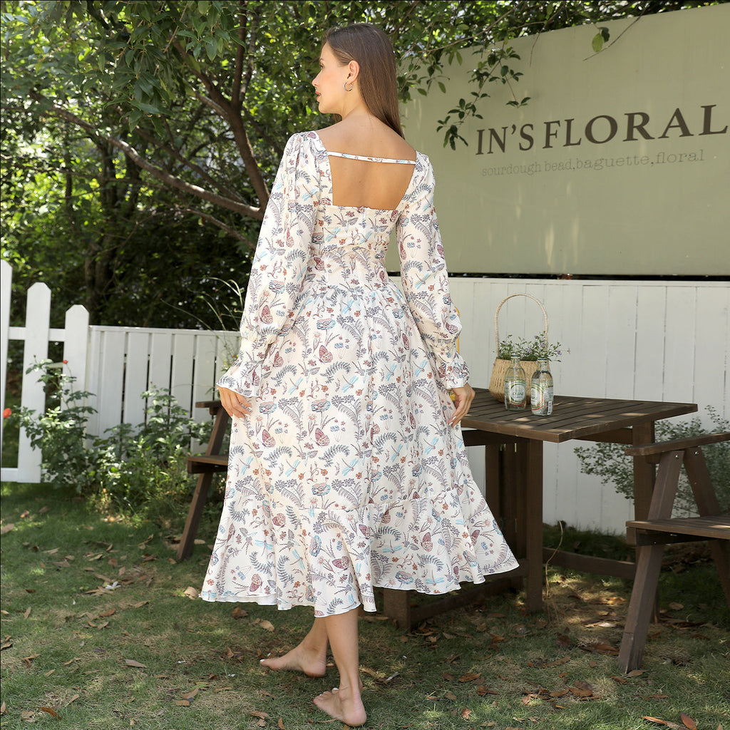 WOMEN’S SQUARE NECK LONG SLEEVED PRINTED DRESS TAKINMaXX
