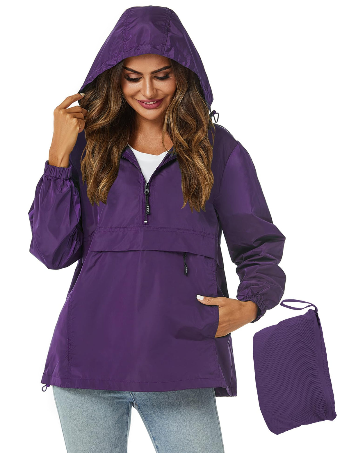 Lightweight Packable Hooded Rain Jacket – Purple