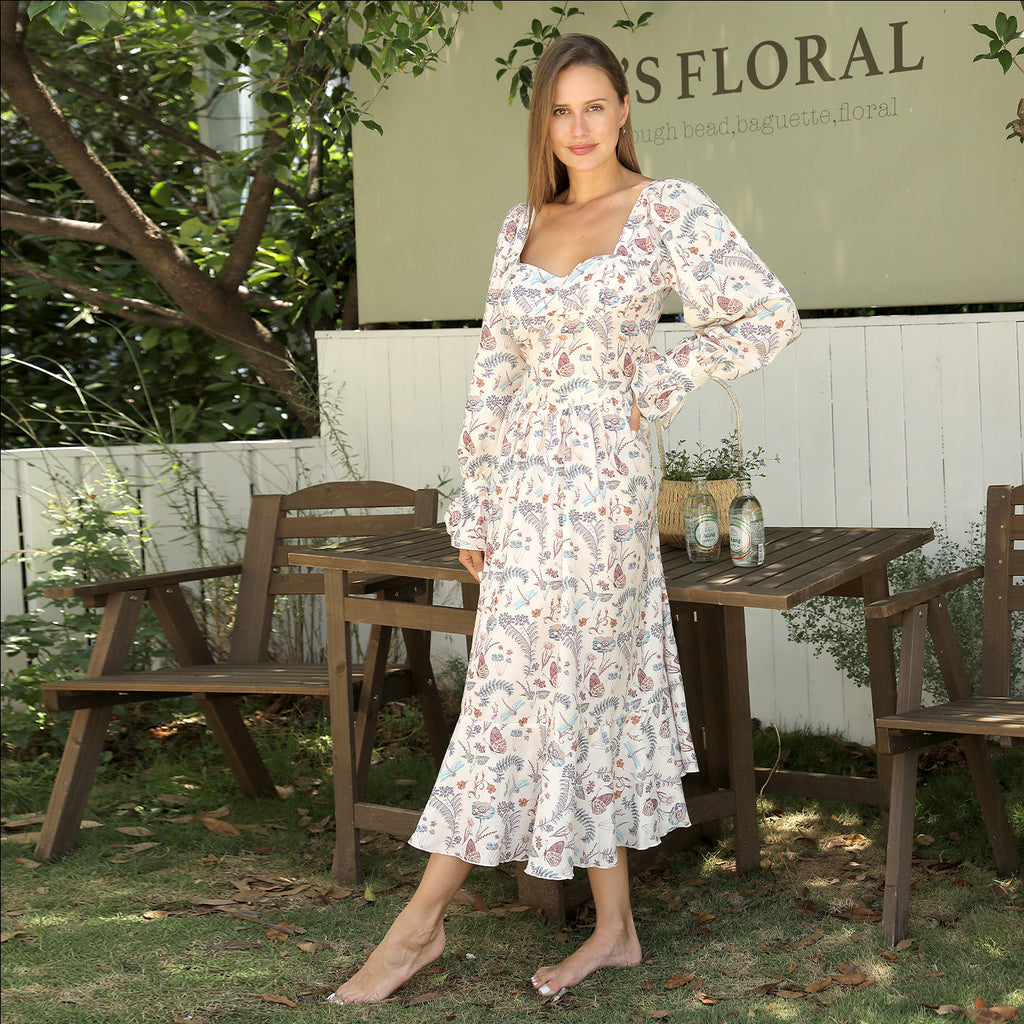 WOMEN’S SQUARE NECK LONG SLEEVED PRINTED DRESS TAKINMaXX