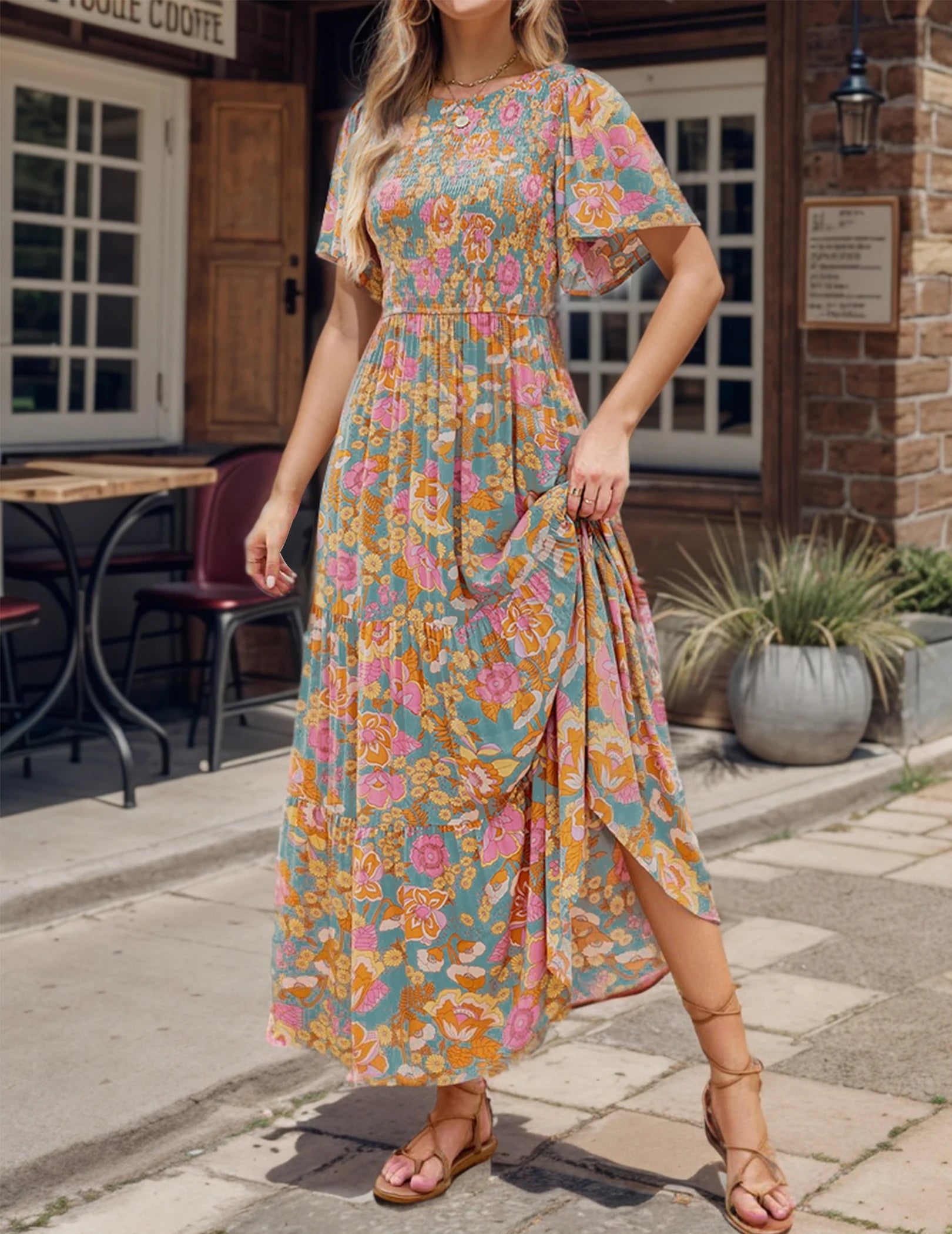 Crewneck  High Waist Wide Ruffle Hem Dress