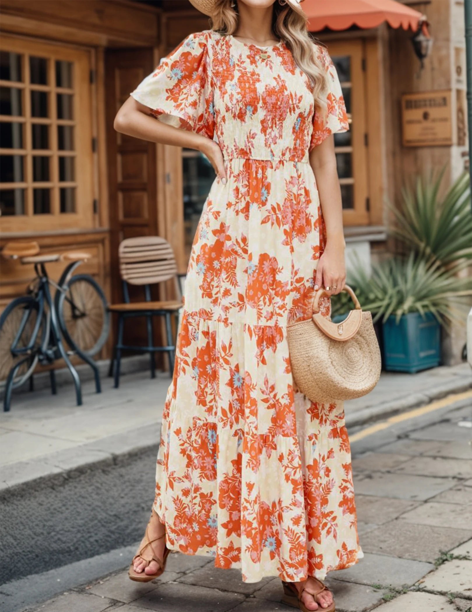 Crewneck  High Waist Wide Ruffle Hem Dress