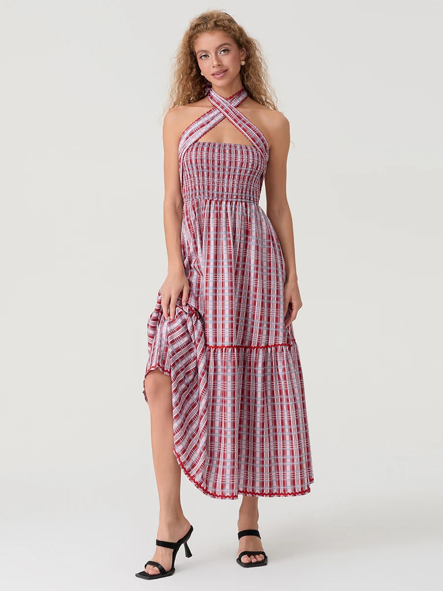 Women's Sleeveless Halter Neck Maxi Dress with Open Back and Tropical Floral Print - Summer Beach Party Dress