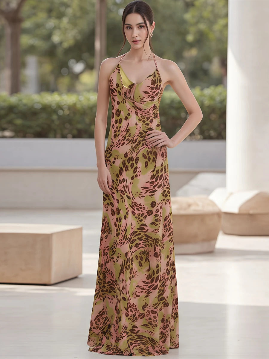 Elegant Floral Print Maxi Dress with Halter Neckline and Sleeveless Design Perfect for Spring and Summer Events