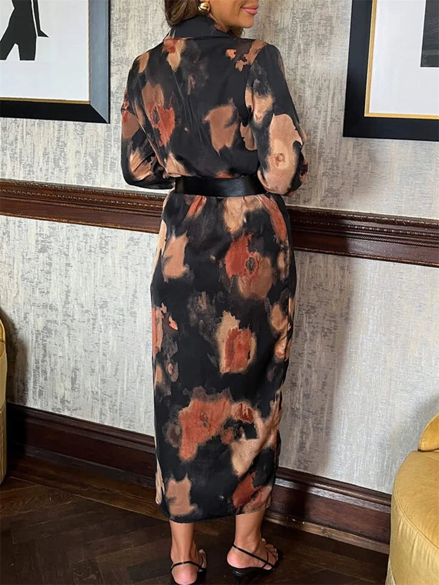 Women Long Sleeve Tie-Dye Print V-Neck Wrap Dress with Belt for Cocktail Party and Streetwear Fashion