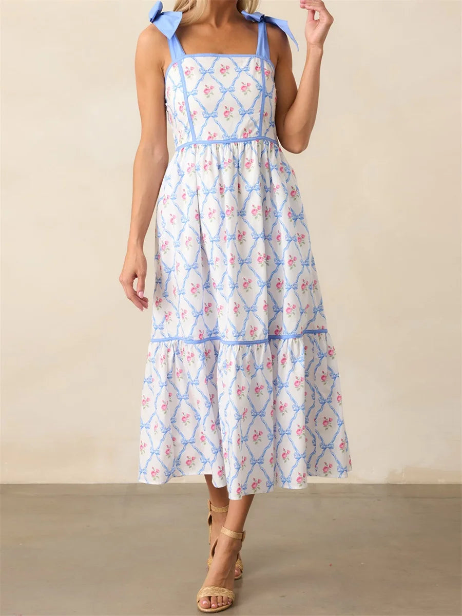 Women Elegant V-Neck Maxi Dress with Ruffle Sleeves and Belted Waist - Perfect for Summer Parties and Events