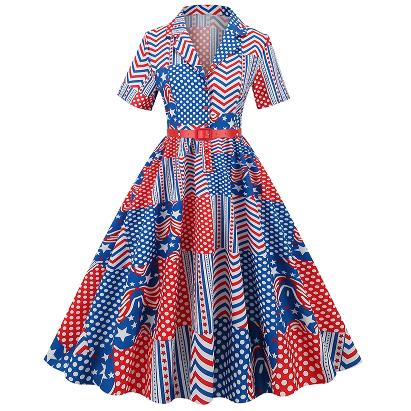 Retro Women Independence Day Dress 1950s Short Sleeve V Neck Flag Print Party Prom Swing Dress The Fourth Of July Dresses