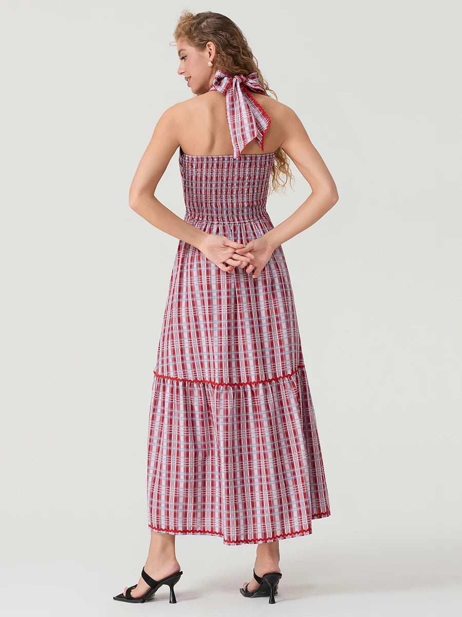 Women's Sleeveless Halter Neck Maxi Dress with Open Back and Tropical Floral Print - Summer Beach Party Dress