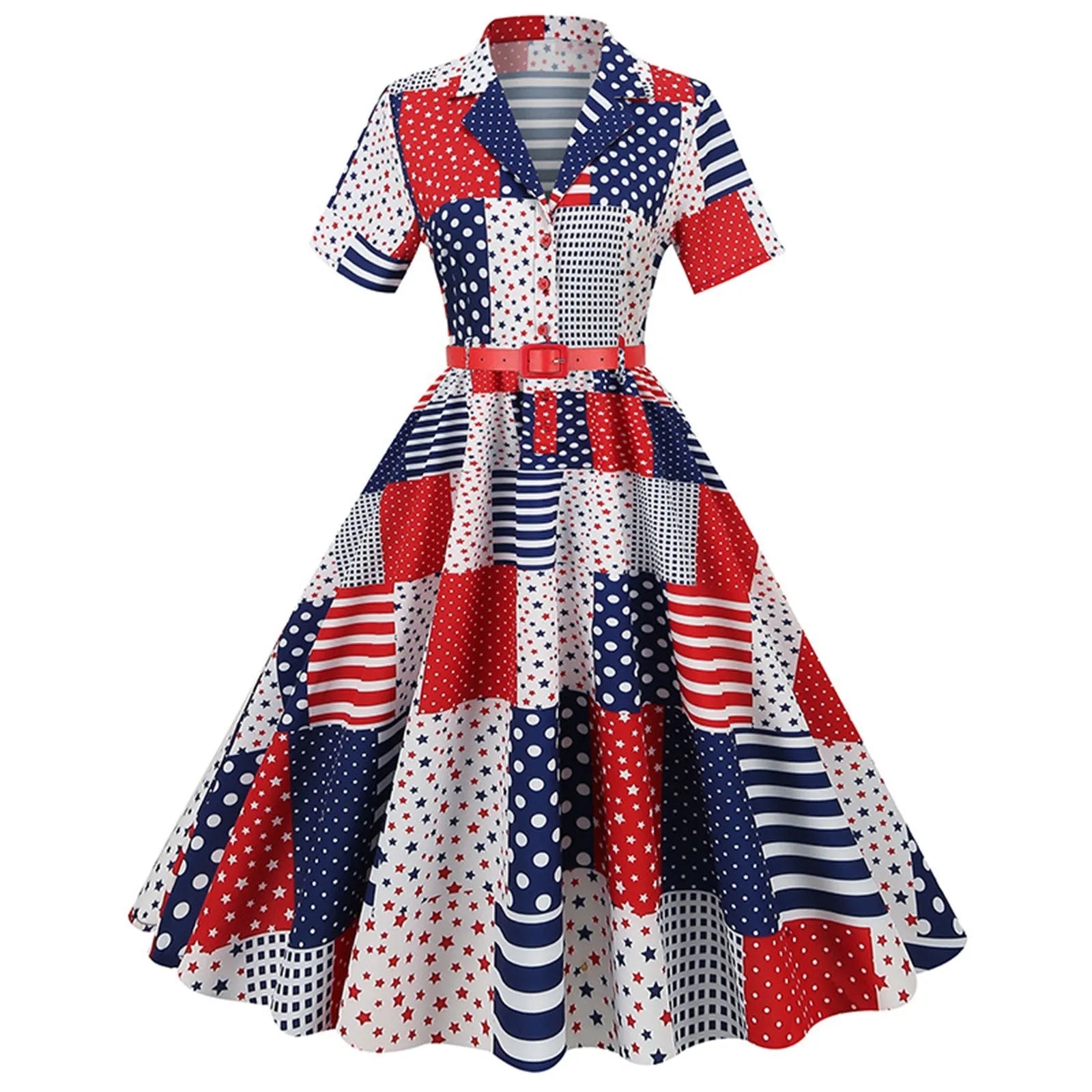 Retro Women Independence Day Dress 1950s Short Sleeve V Neck Flag Print Party Prom Swing Dress The Fourth Of July Dresses