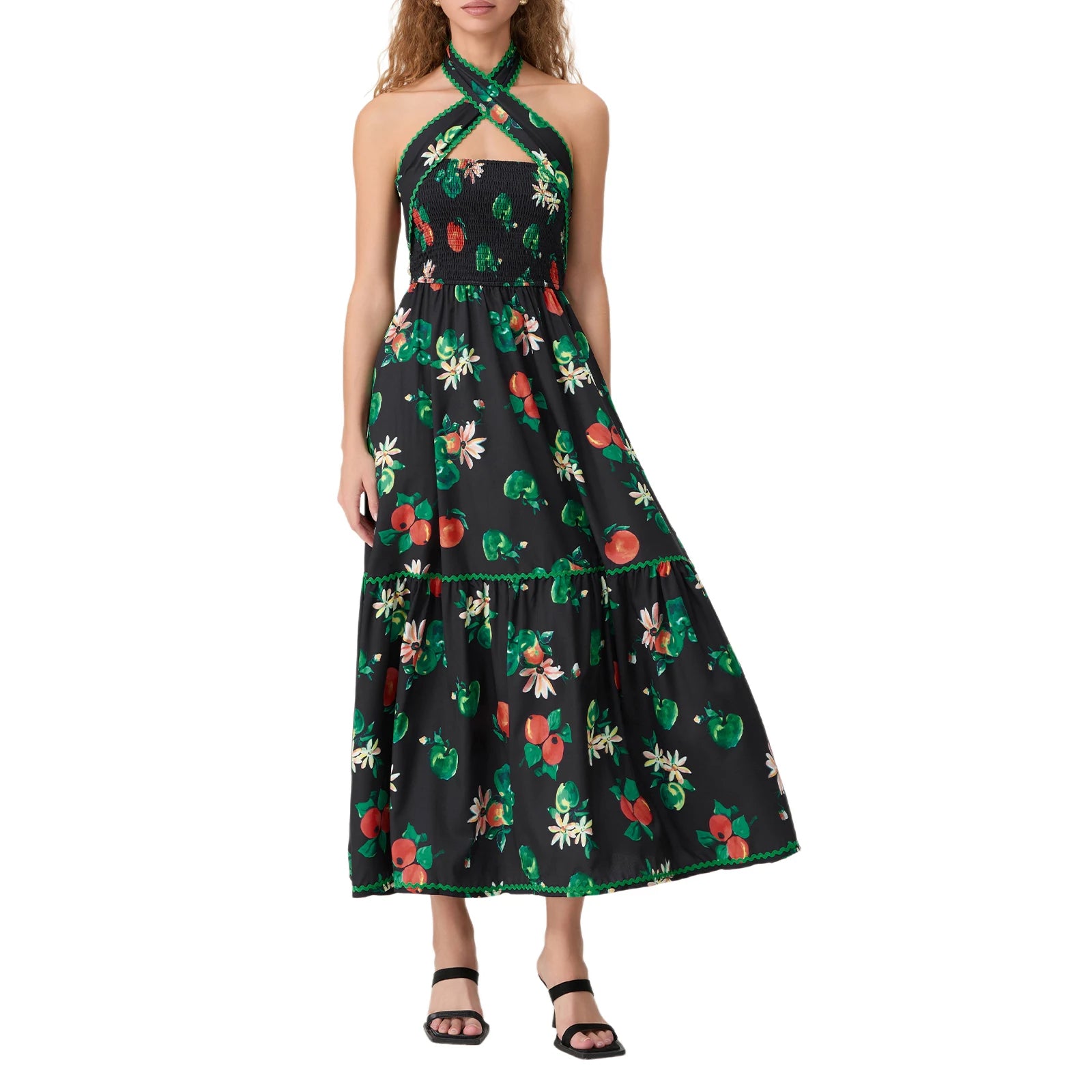 Women's Sleeveless Halter Neck Maxi Dress with Open Back and Tropical Floral Print - Summer Beach Party Dress
