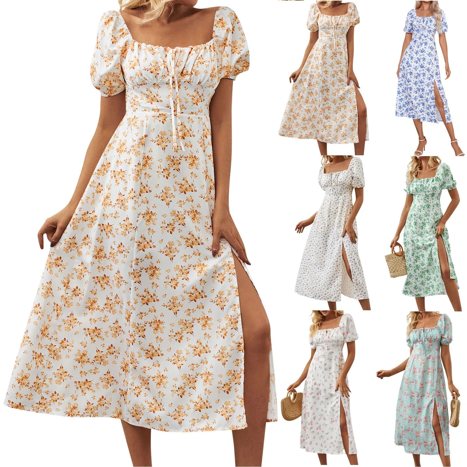 Floral Printed Square Neck Dresses