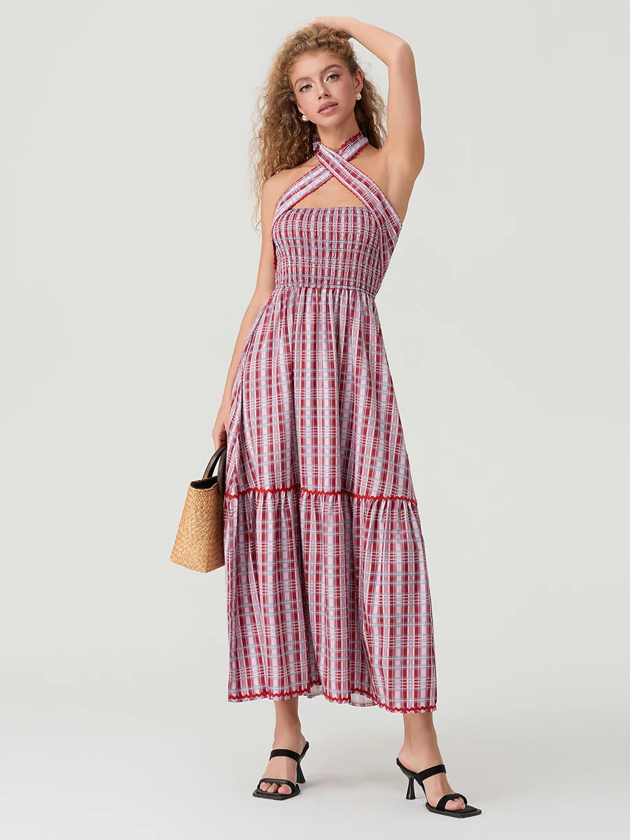 Women's Sleeveless Halter Neck Maxi Dress with Open Back and Tropical Floral Print - Summer Beach Party Dress