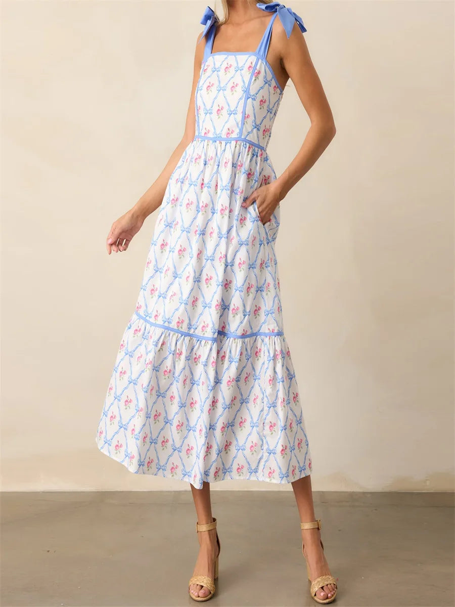 Women Elegant V-Neck Maxi Dress with Ruffle Sleeves and Belted Waist - Perfect for Summer Parties and Events