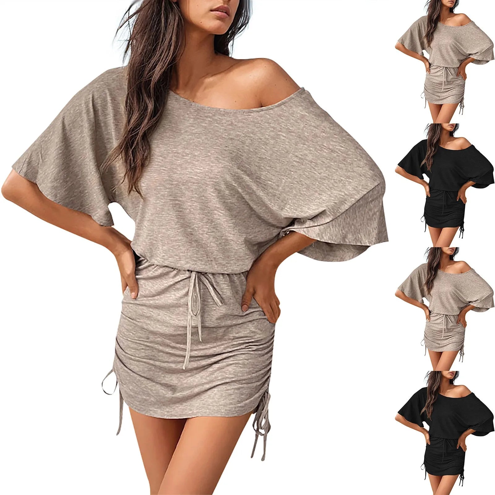 Summer New Dress For Ladies Slanted Shoulder Batwing Sleeve Short Skirt Dress Casual Upper Loose Lower Tight Drawstring Dress