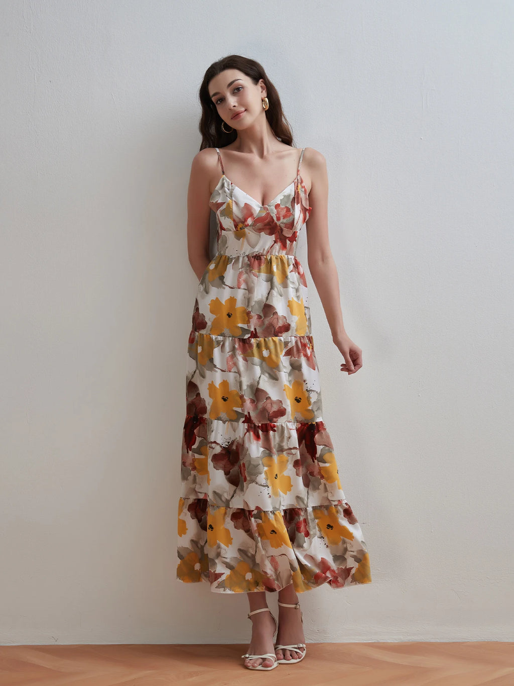 Women Summer Fashion Printed V-neck Dress Beach Style Sleeveless Halter Neck Tie-up Ruffled A-Line Dress Party Vacation Dresses