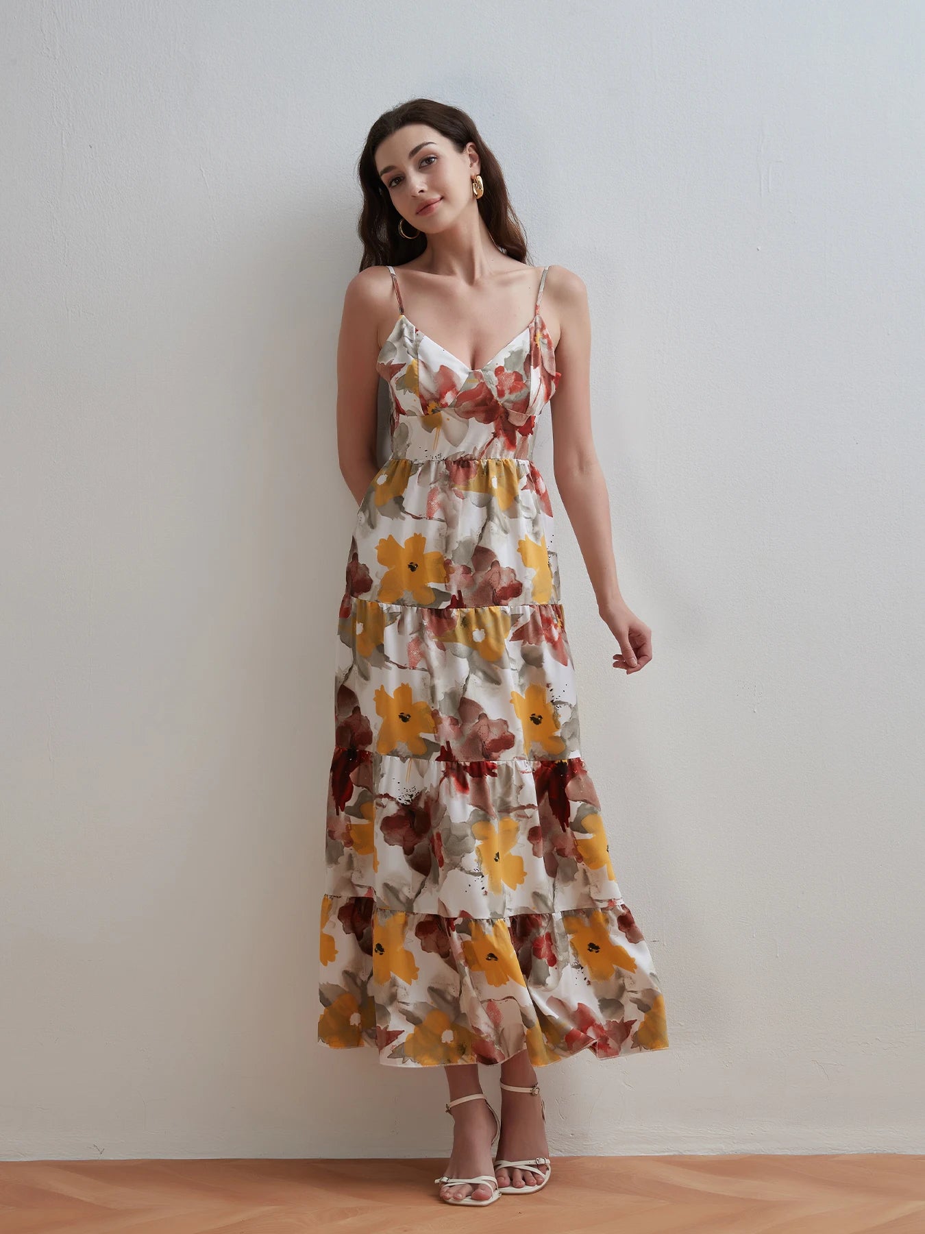 Women Summer Fashion Printed V-neck Dress Beach Style Sleeveless Halter Neck Tie-up Ruffled A-Line Dress Party Vacation Dresses