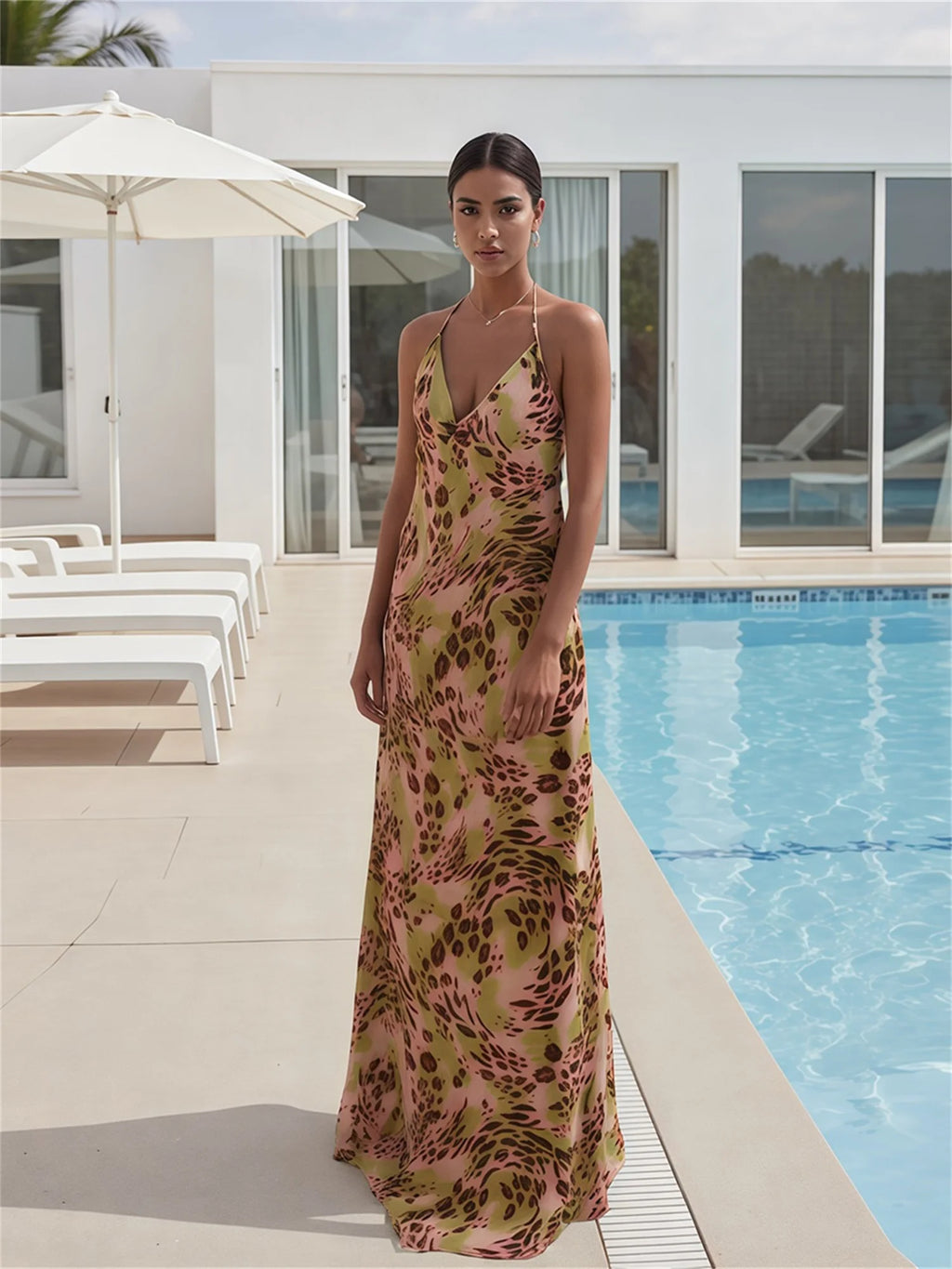 Elegant Floral Print Maxi Dress with Halter Neckline and Sleeveless Design Perfect for Spring and Summer Events