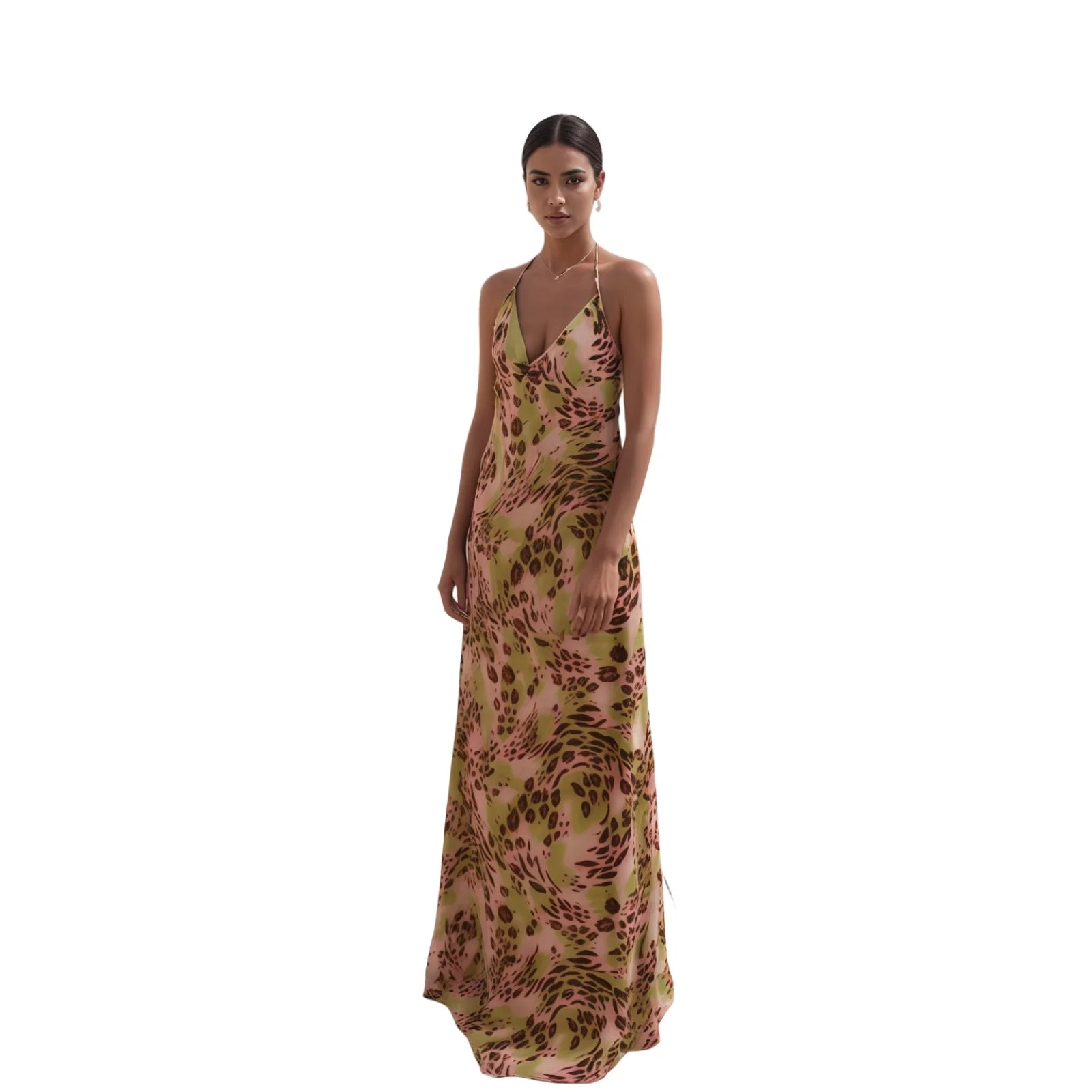 Elegant Floral Print Maxi Dress with Halter Neckline and Sleeveless Design Perfect for Spring and Summer Events