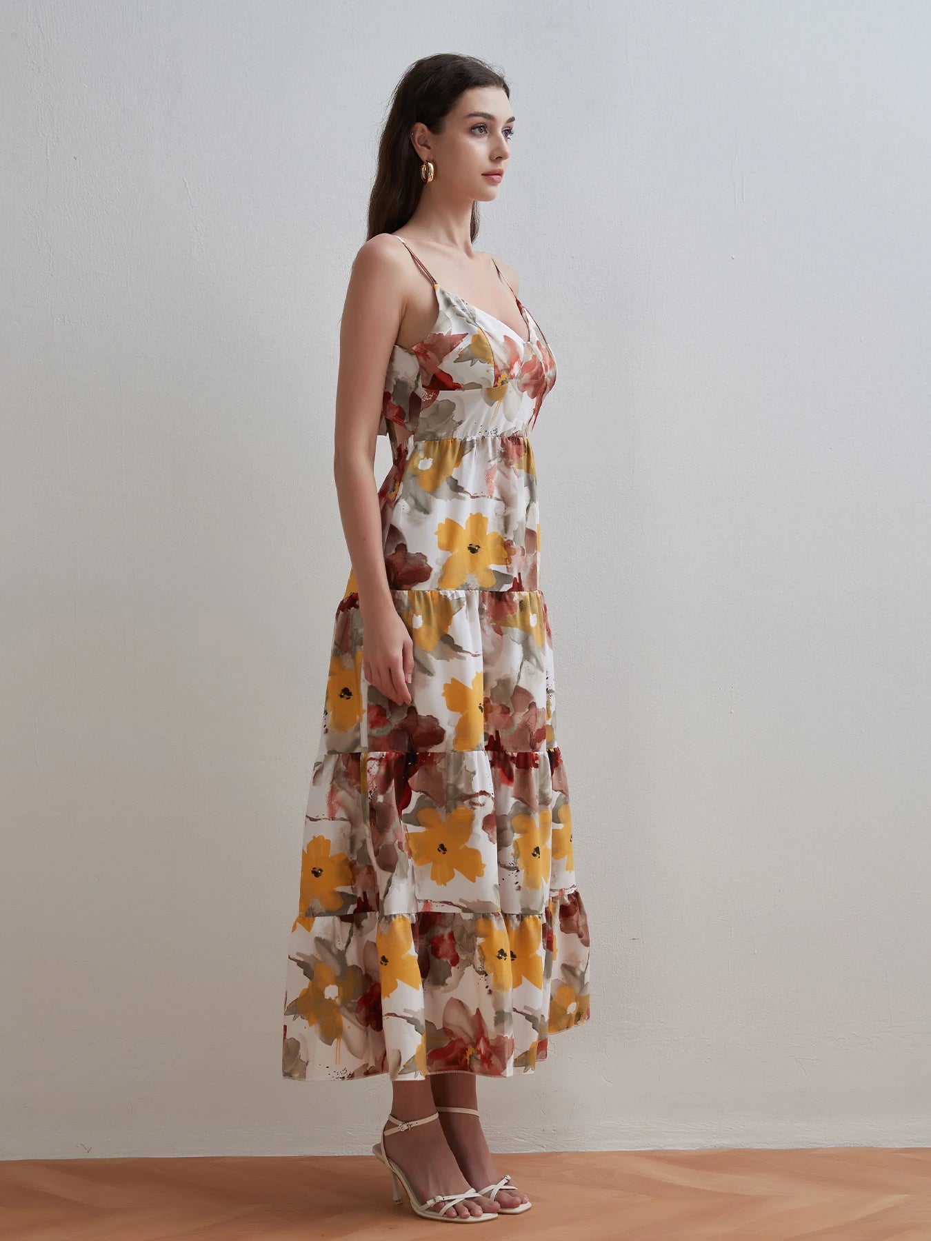 Women Summer Fashion Printed V-neck Dress Beach Style Sleeveless Halter Neck Tie-up Ruffled A-Line Dress Party Vacation Dresses