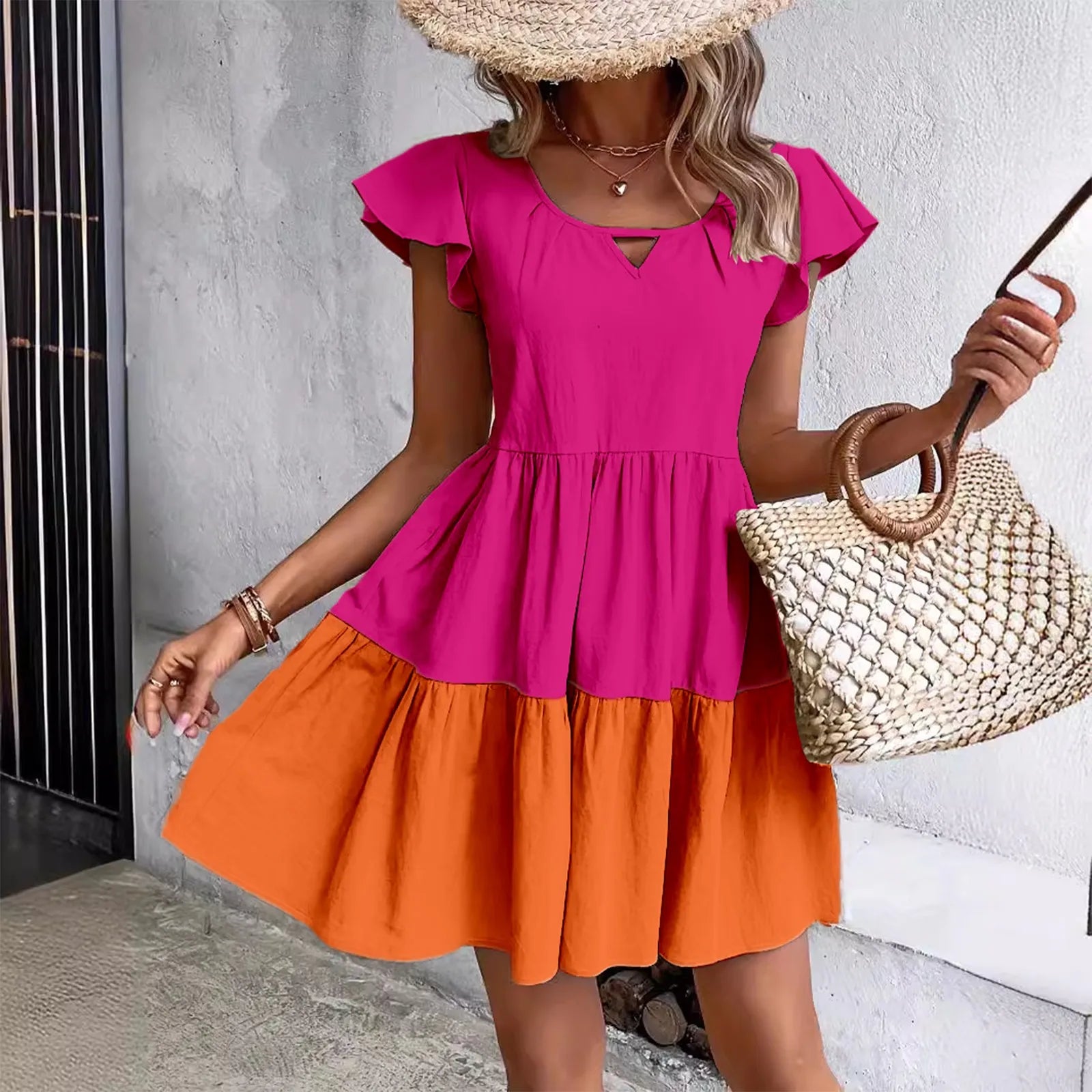 Patchwork Pleated Mini Dress