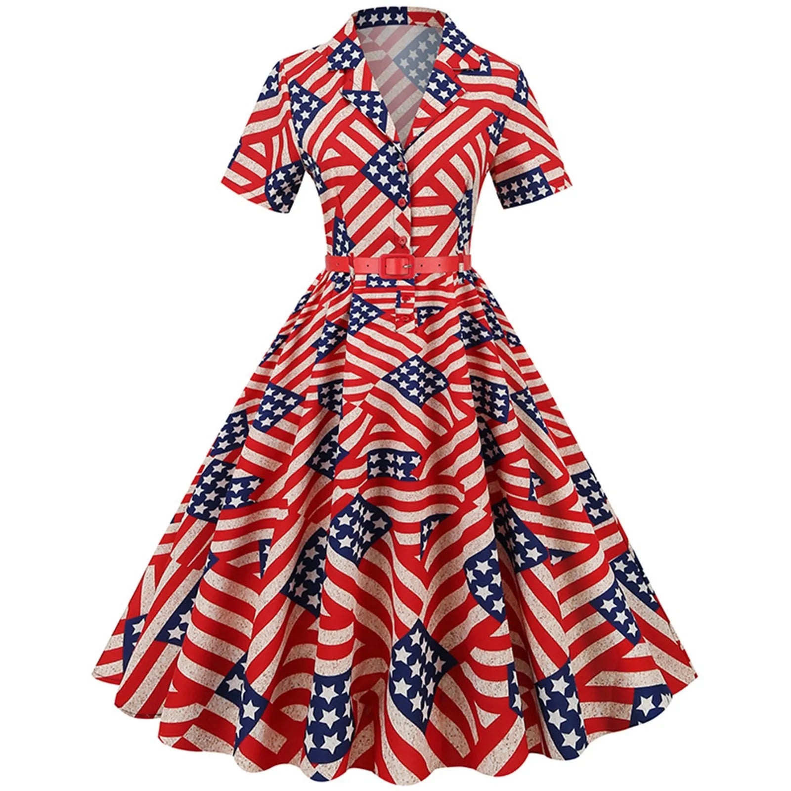 Retro Women Independence Day Dress 1950s Short Sleeve V Neck Flag Print Party Prom Swing Dress The Fourth Of July Dresses