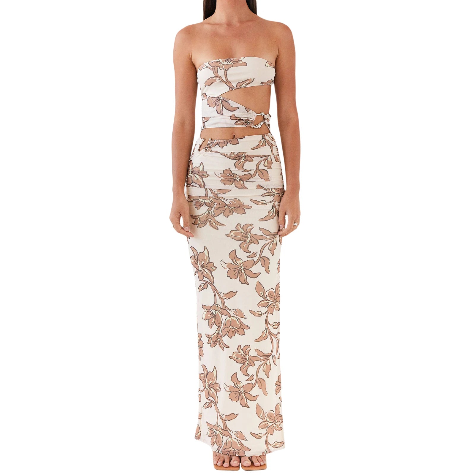 Elegant Off-Shoulder Maxi Dress with Chic Cut-Out Details and Vibrant Print Patterns Perfect for Summer Events and Parties