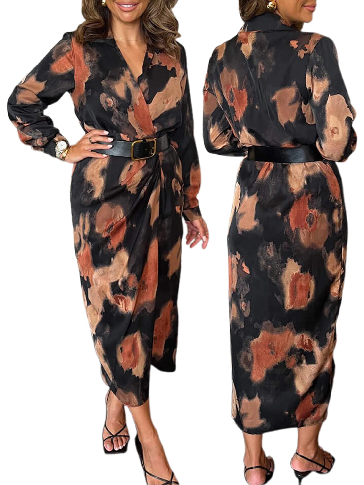 Women Long Sleeve Tie-Dye Print V-Neck Wrap Dress with Belt for Cocktail Party and Streetwear Fashion