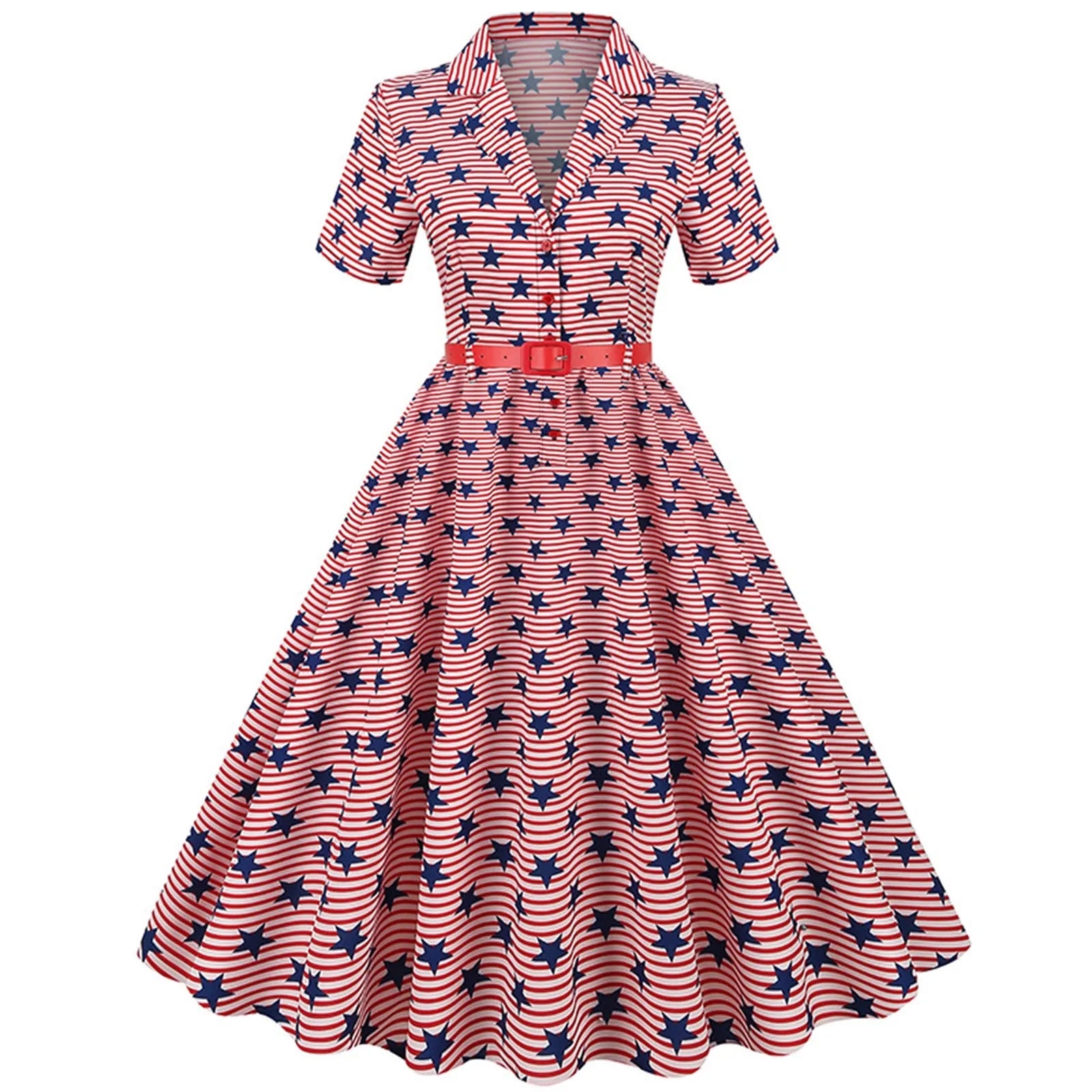 Retro Women Independence Day Dress 1950s Short Sleeve V Neck Flag Print Party Prom Swing Dress The Fourth Of July Dresses