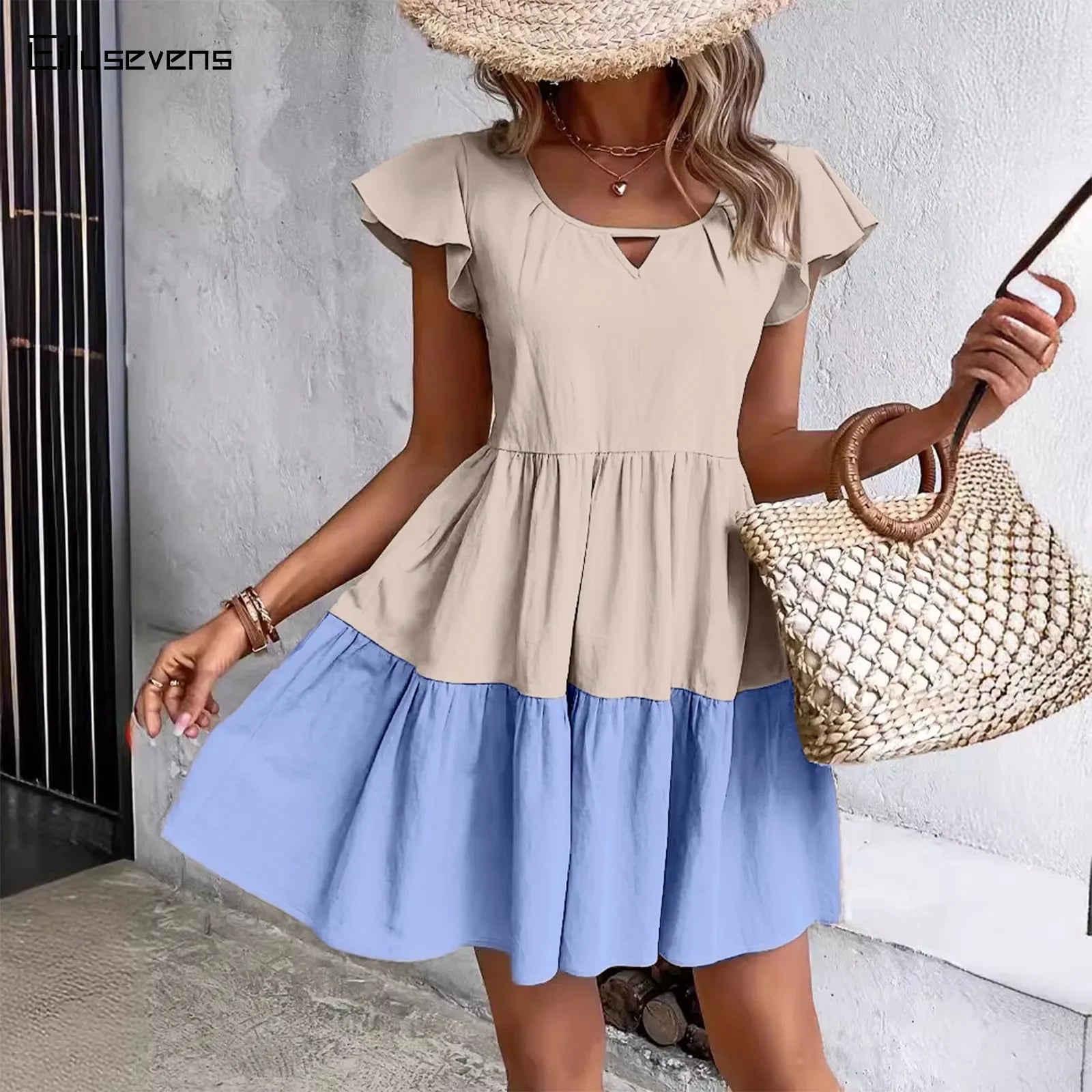 Patchwork Pleated Mini Dress