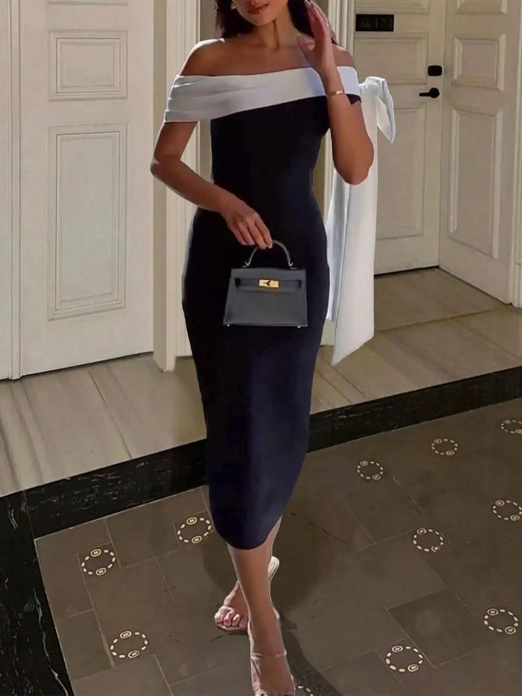 Women's Sexy Knit Maxi Dress 2024 High Slit Back Black White Splicing Off-Shoulder Elegant Cocktail Dress