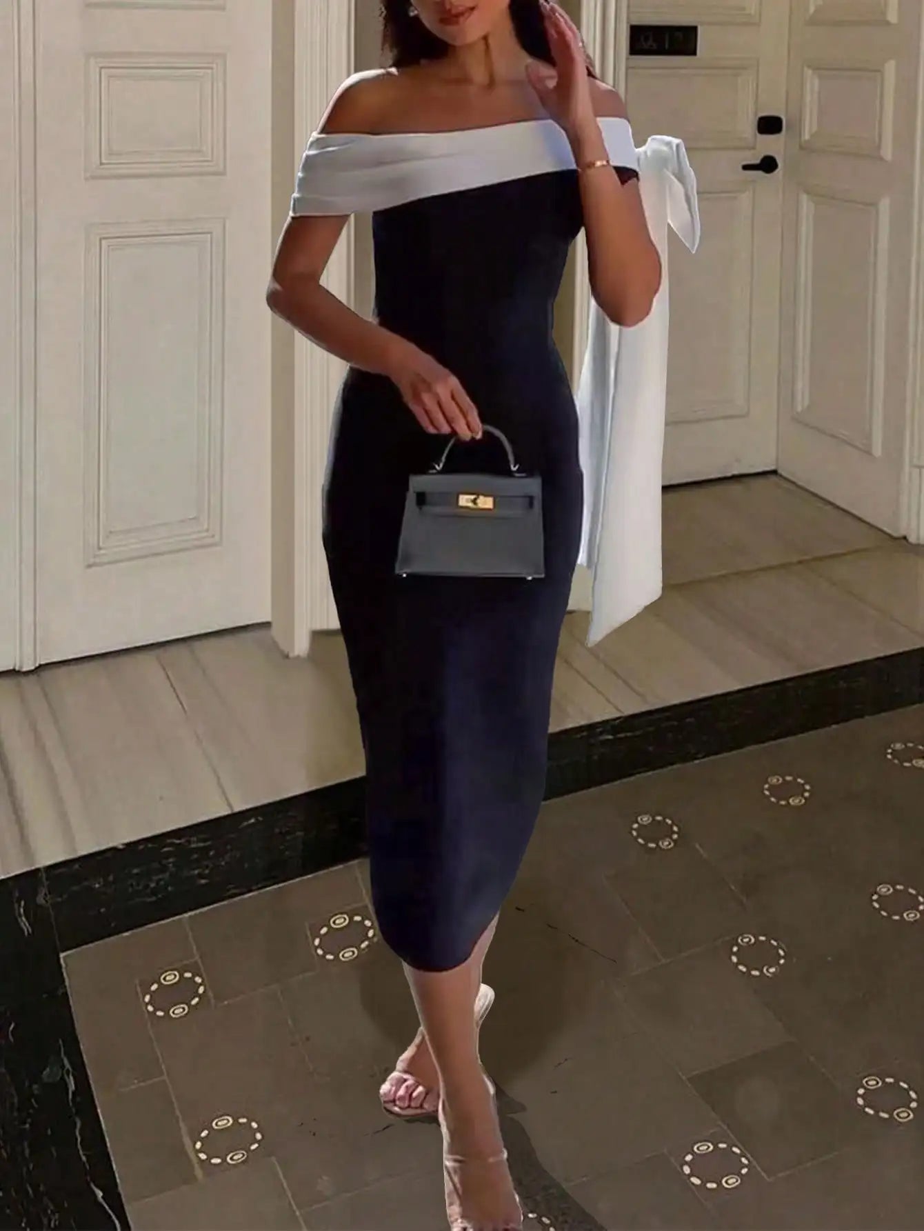 Women's Sexy Knit Maxi Dress 2024 High Slit Back Black White Splicing Off-Shoulder Elegant Cocktail Dress