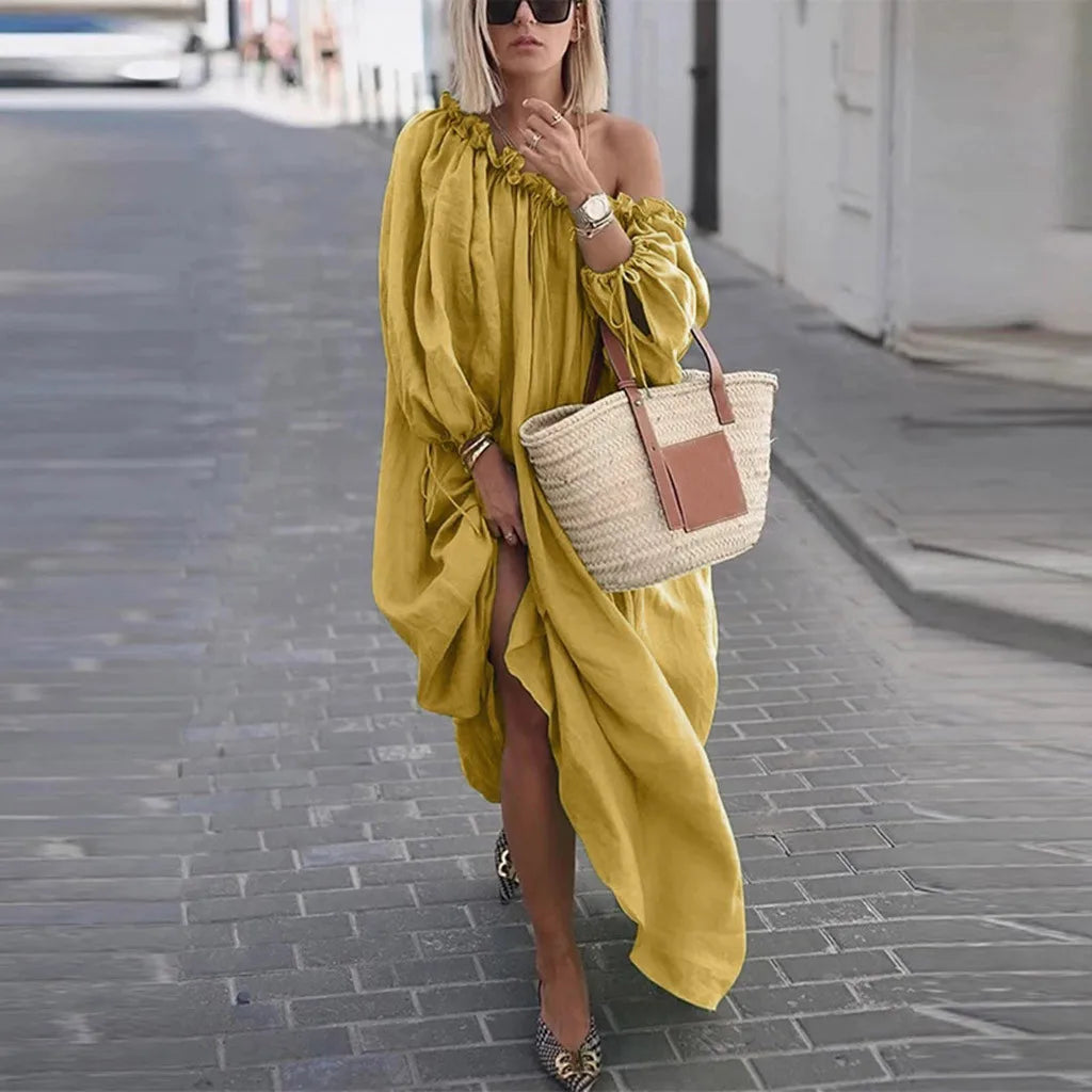 Fashion Streetwear Loose Long Dress For Women Summer One Neck Puff Sleeve Solid Color Maxi Dress Female Dew Shoulder Dresses