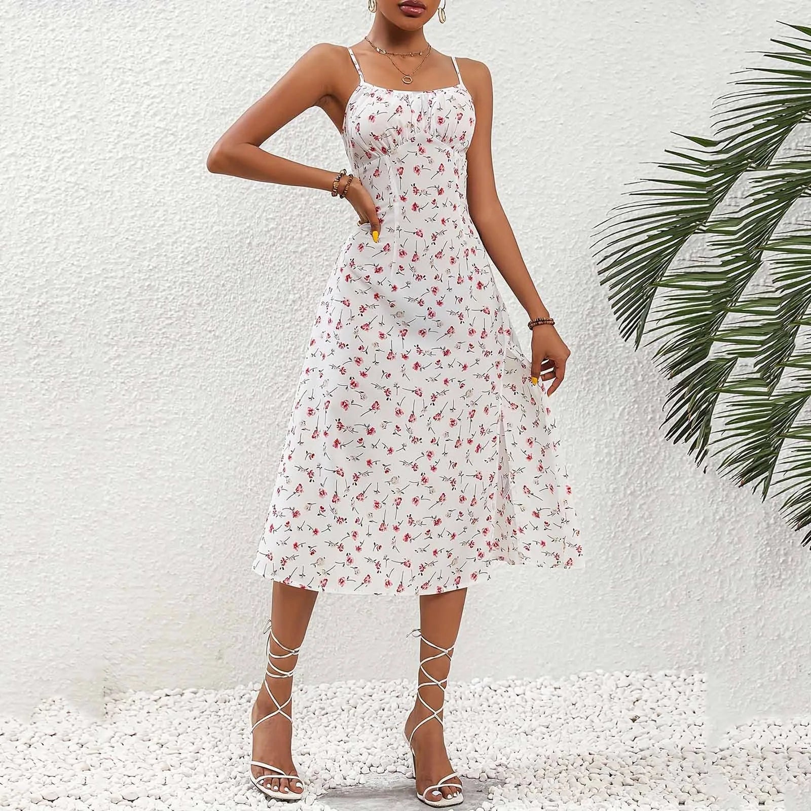 Ladies Sexy Red Polka Dot Split Floral Suspender Dress Summer New Side Slits Slim Waist Holiday Party Dress Maxi Wraped Dresses