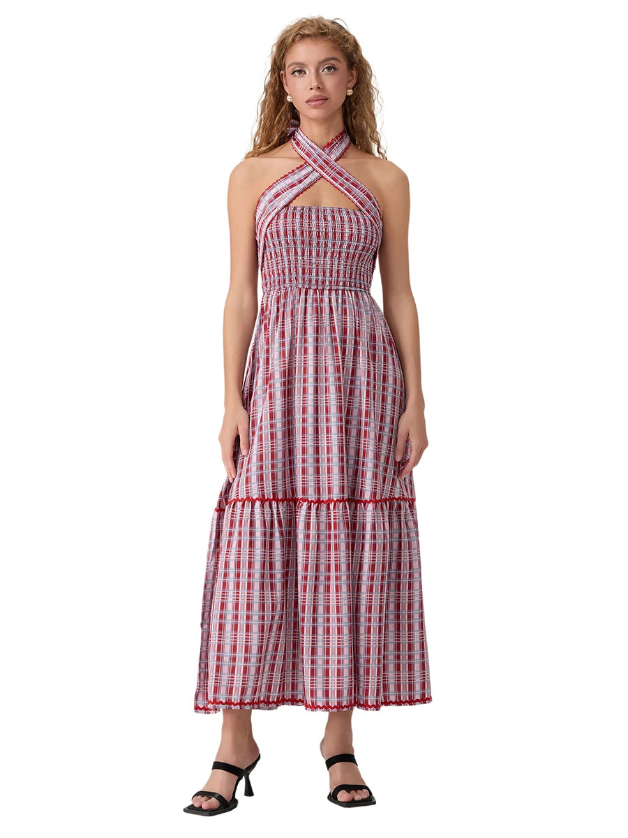 Women's Sleeveless Halter Neck Maxi Dress with Open Back and Tropical Floral Print - Summer Beach Party Dress