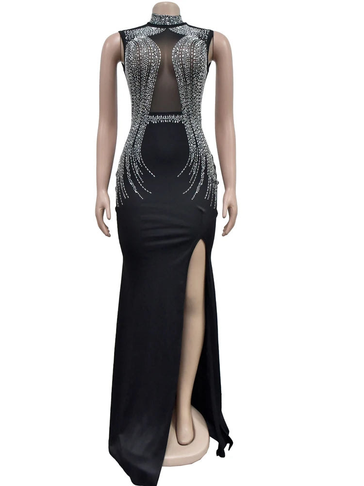 Beyprern Women's Black Mesh Bust Rhinestones Décor High Slit Maxi Dress Glam Mock Neck Crystal Party Dresses Celebrities Outfits