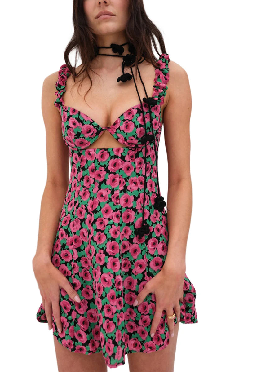 Cutout Floral Print A-Line Dress