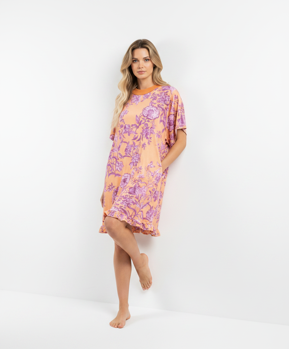 Aimiray Womens Vintage Velvet Dress Round Neck Short Sleeve Floral Printed Mini Flowy Dress(Orange-XL)
