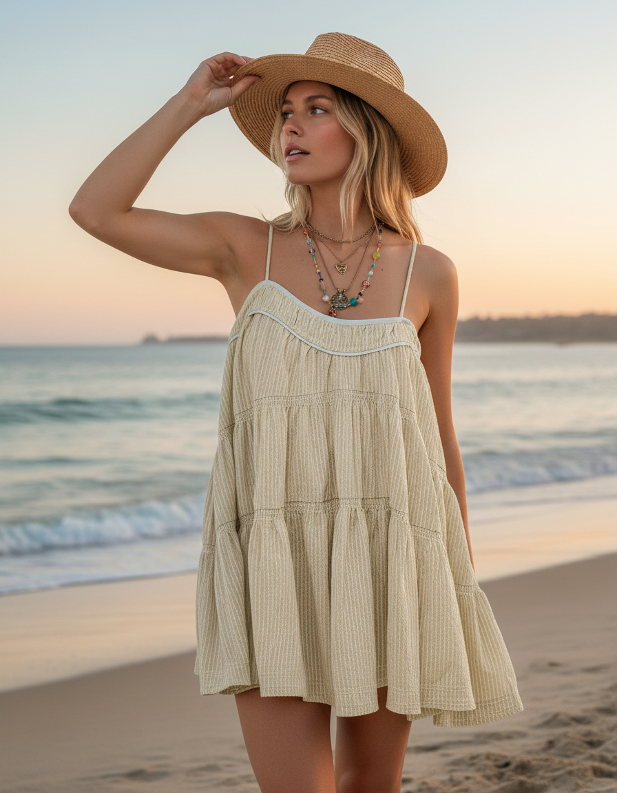 Gacaky Womens Summer Mini Dress Casual Loose Sleeveless Adjustable Straps Swing Mini Dress Khaki Large