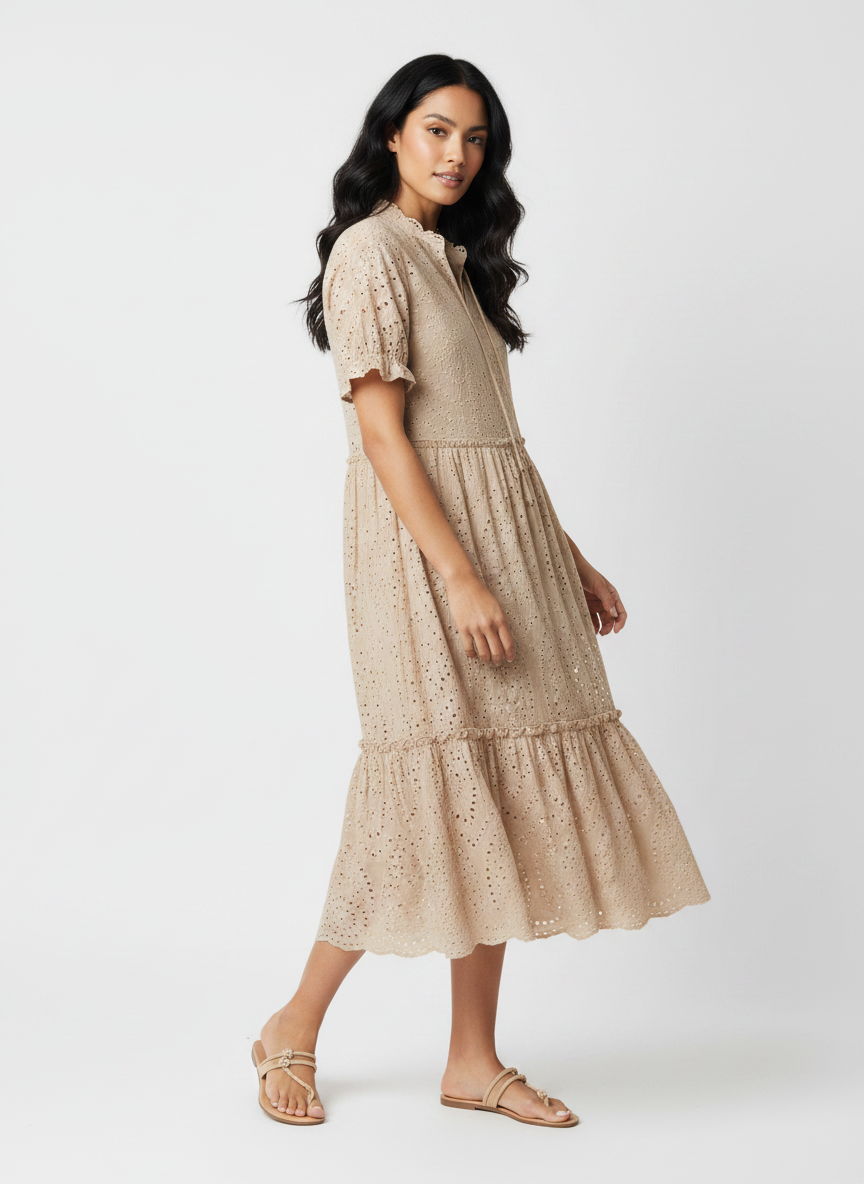 chouyatou Womens Summer Boho Embroidery Eyelet Dress V-Neck Collared Tiered Midi Tunic Dress (XX-Large Khaki)