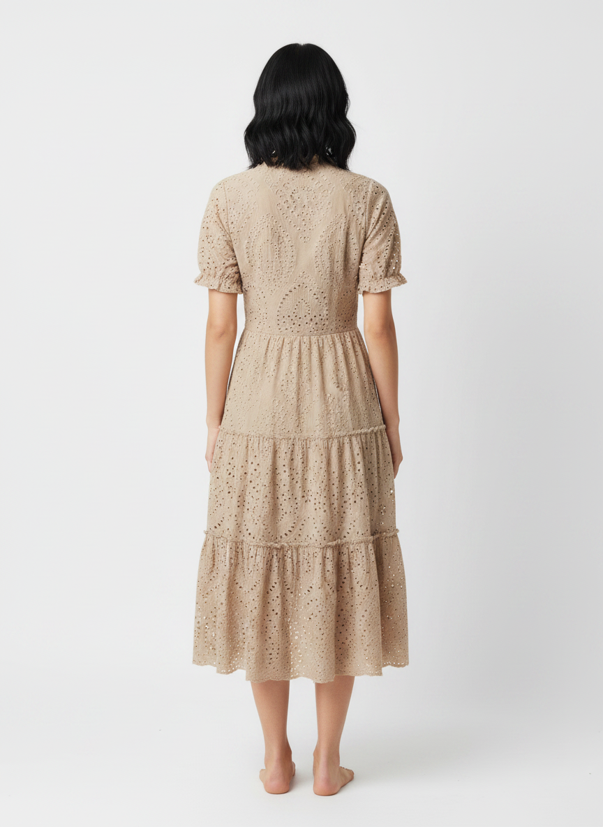 chouyatou Womens Summer Boho Embroidery Eyelet Dress V-Neck Collared Tiered Midi Tunic Dress (XX-Large Khaki)