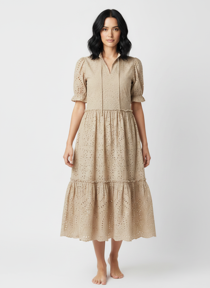 chouyatou Womens Summer Boho Embroidery Eyelet Dress V-Neck Collared Tiered Midi Tunic Dress (XX-Large Khaki)