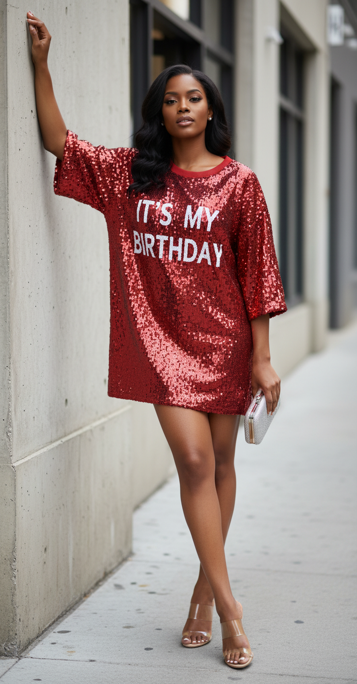 MOUSYA Its My Birthday Dress Women Sequin Party Outfit Shirt Sparkly Glitter Casual Sexy Nightclub Party T-Shirts Tops Dress Red