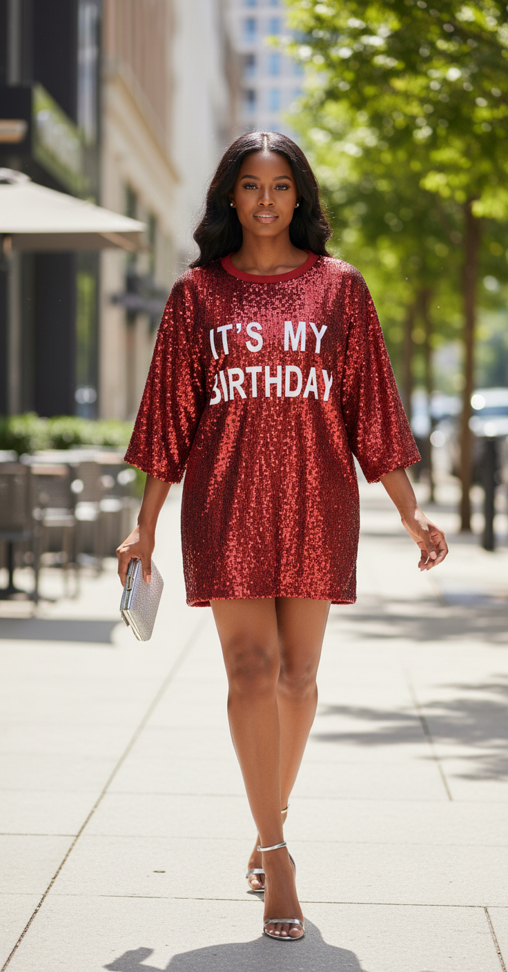 MOUSYA Its My Birthday Dress Women Sequin Party Outfit Shirt Sparkly Glitter Casual Sexy Nightclub Party T-Shirts Tops Dress Red