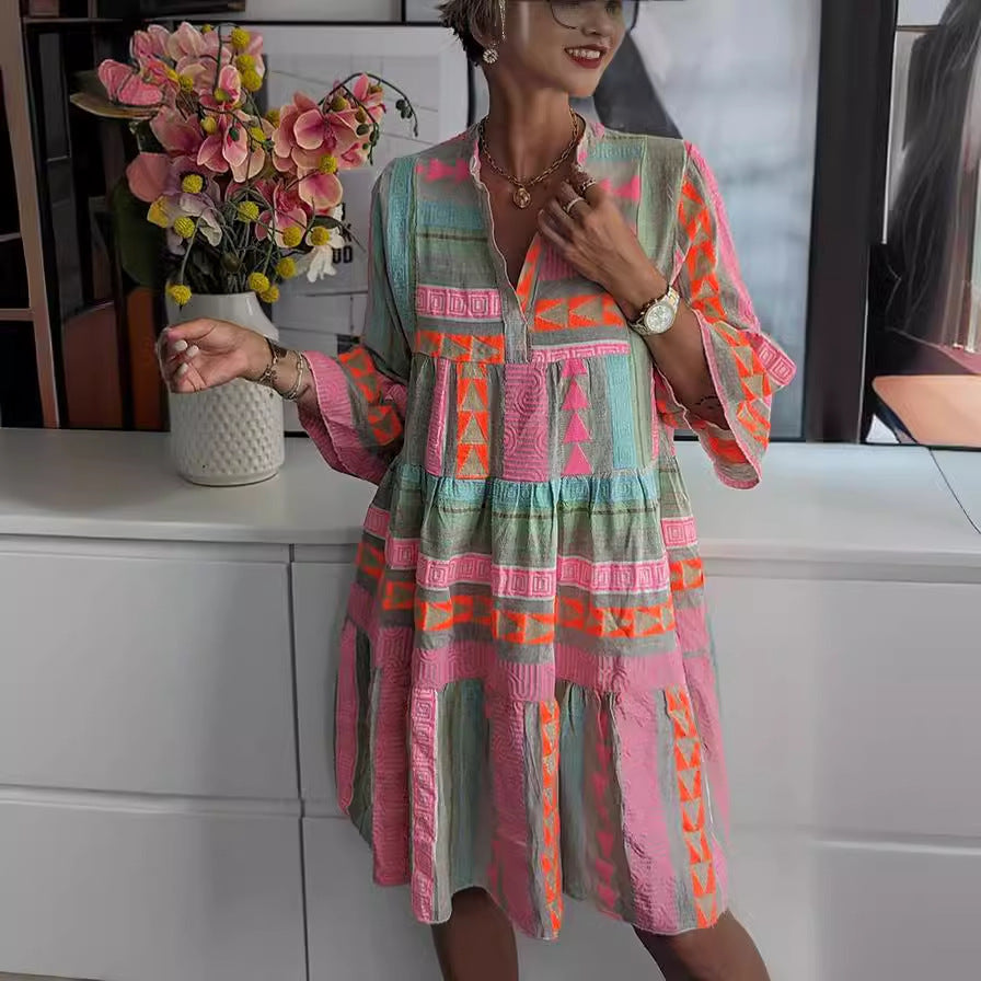 New Women's Printed V-Neck Dress for Fall 2023