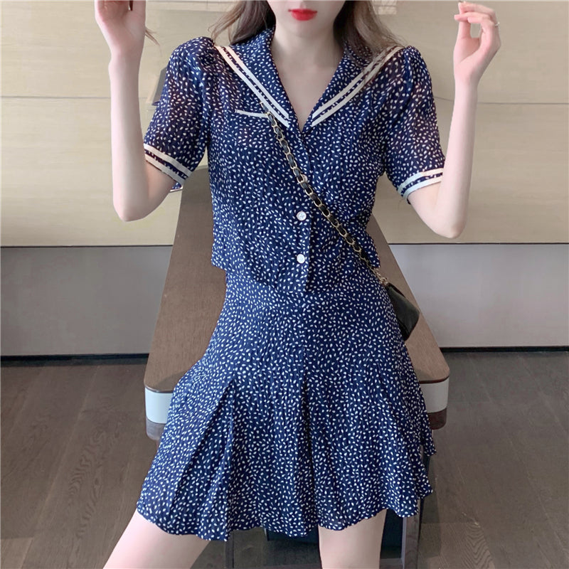 Navy Style Women's High-Waisted Skirt and Top Set