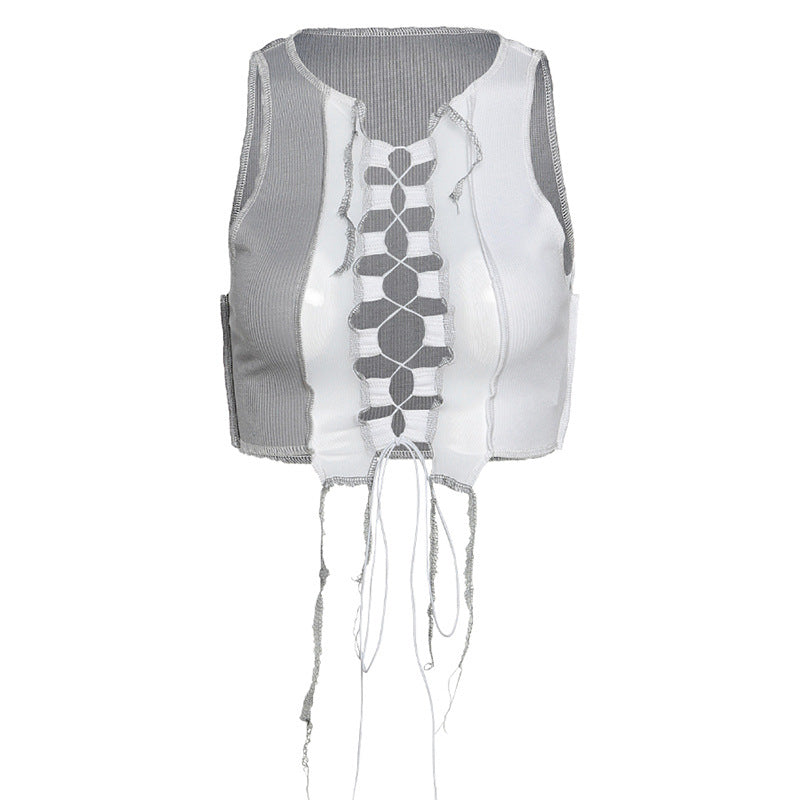 2020 Fall Women's Sheer Mesh Cutout Tie T-Shirt
