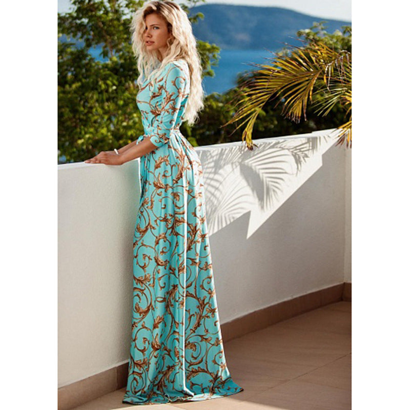 T115 Women's New Printed V-Neck Maxi Dress