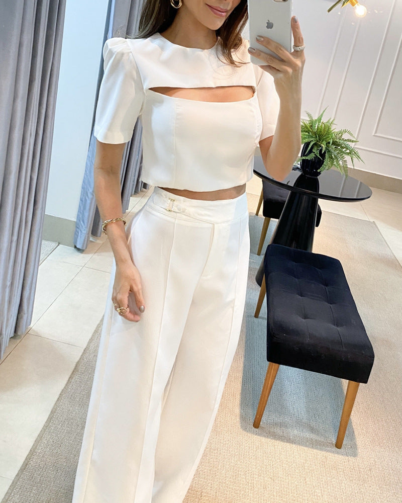 White Short Sleeve Hollow Out Top and Wide Leg Pants Set