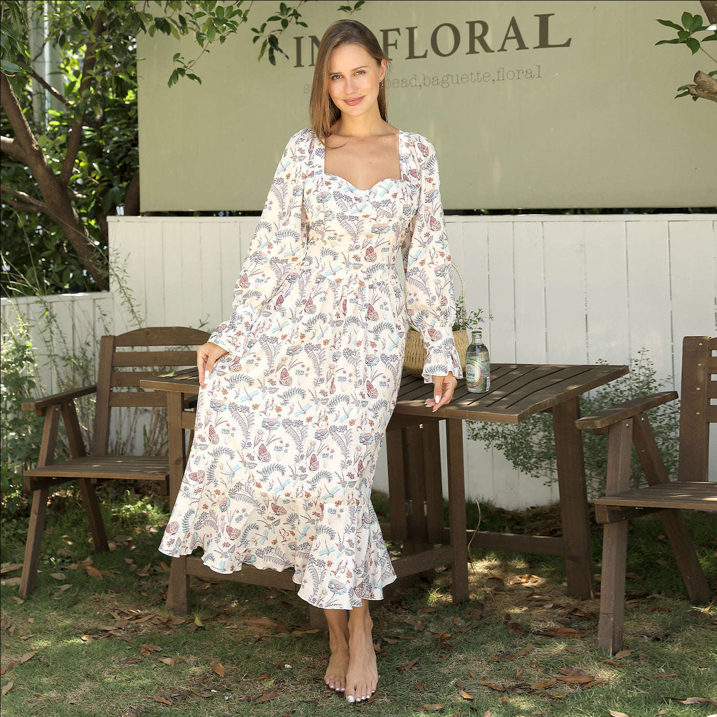 WOMEN’S SQUARE NECK LONG SLEEVED PRINTED DRESS TAKINMaXX