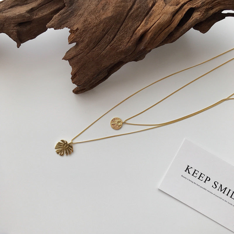 Korean S925 Silver Gold Monstera Layered Necklace