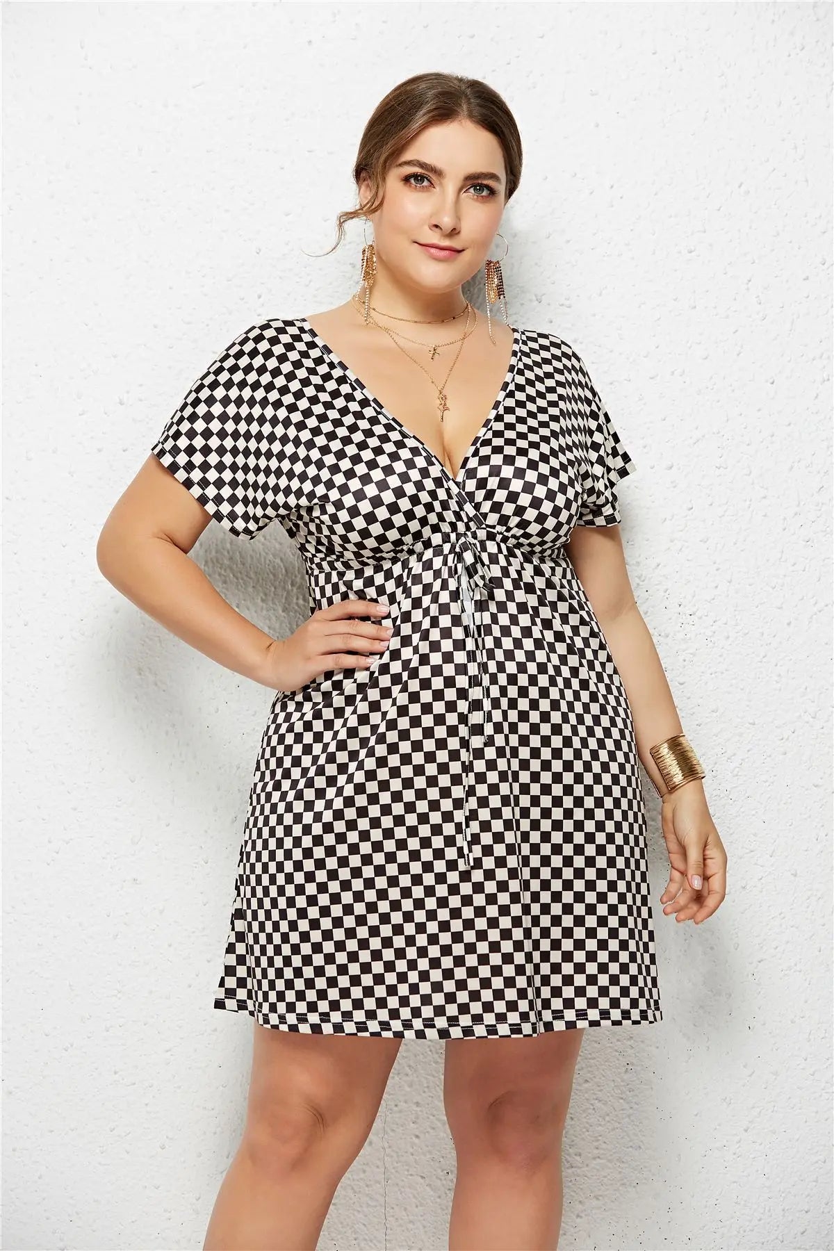 Printed Deep V-Neck Dress with Elastic Waist TAKINMaXX